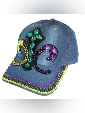 Embellished Denim Mardi Gras Fleur De Lis Jeweled Baseball Cap